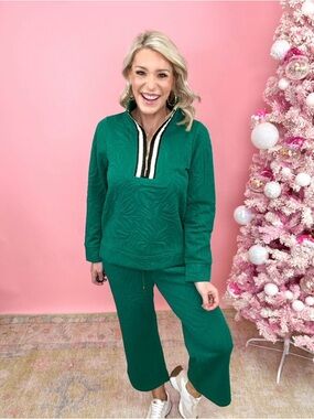 Mary Square Emerald Green Quilted Two-Piece Set with Stripe Trim